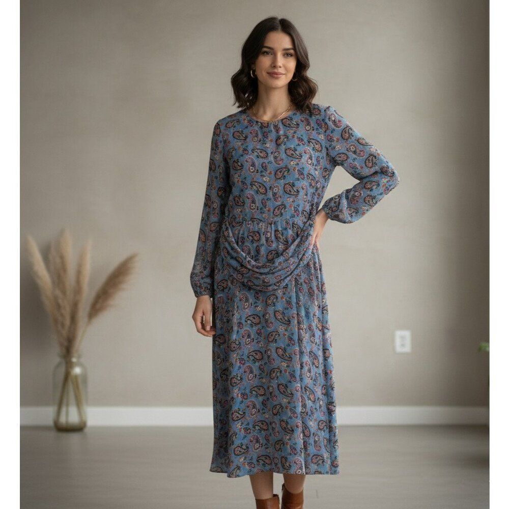 Boden Blue Paisley Long Sleeve Maxi Dress with Pockets - Size US 12R